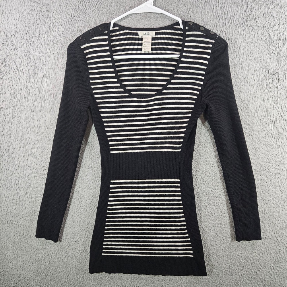 Cache Womens Black White Striped Ribbed Knit Button Shoulder‎ Sweater Top Size M